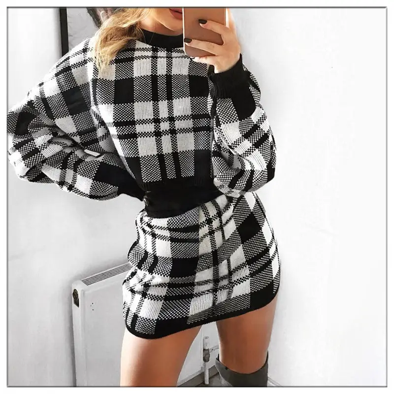 Yt Tùy Chỉnh Sexy Dài Tay Thời Trang Đảng Ngắn Váy Dệt Kim Jumper Ăn Mặc Sọc Dệt Kim Mùa Thu Người Phụ Nữ Hai Mảnh Áo Len Ăn Mặc