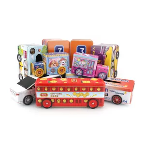 Hot Selling Creative Toy Case Tin Metal Gift Chocolate Can Bus Tin Box Packaged With Moved Wheels