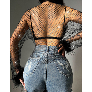 Female Sexy Black Diamond <strong>Fishnet</strong> Rhinestone Mesh Crop Top With Feather Trim <strong>Sleeve</strong> - Product Image 5