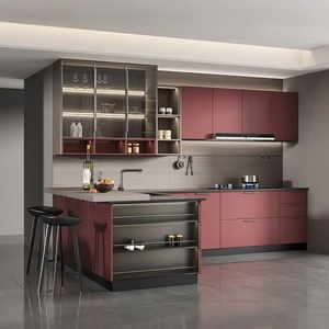 Gabinetes de Cocina Modulares Europeos Modernos con Puertas de Madera Contrachapada, Isla Integrada con Barra de Desayuno y Diseño Ecológico - Product Image 1