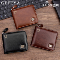 Dompet Pendek Resleting Kulit PU Lapis Lilin Retro Anti Maling RFID Blocking untuk Pria dengan Kantong Koin, Tempat Kartu Multi-Slot