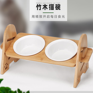 ชามเซรามิกคู่สำหรับแมว พร้อมฐานไม้ไผ่ยกสูง ช่วยรองรับคอ ลดอาการปวดคอ ฐานมั่นคง - Product Image 2