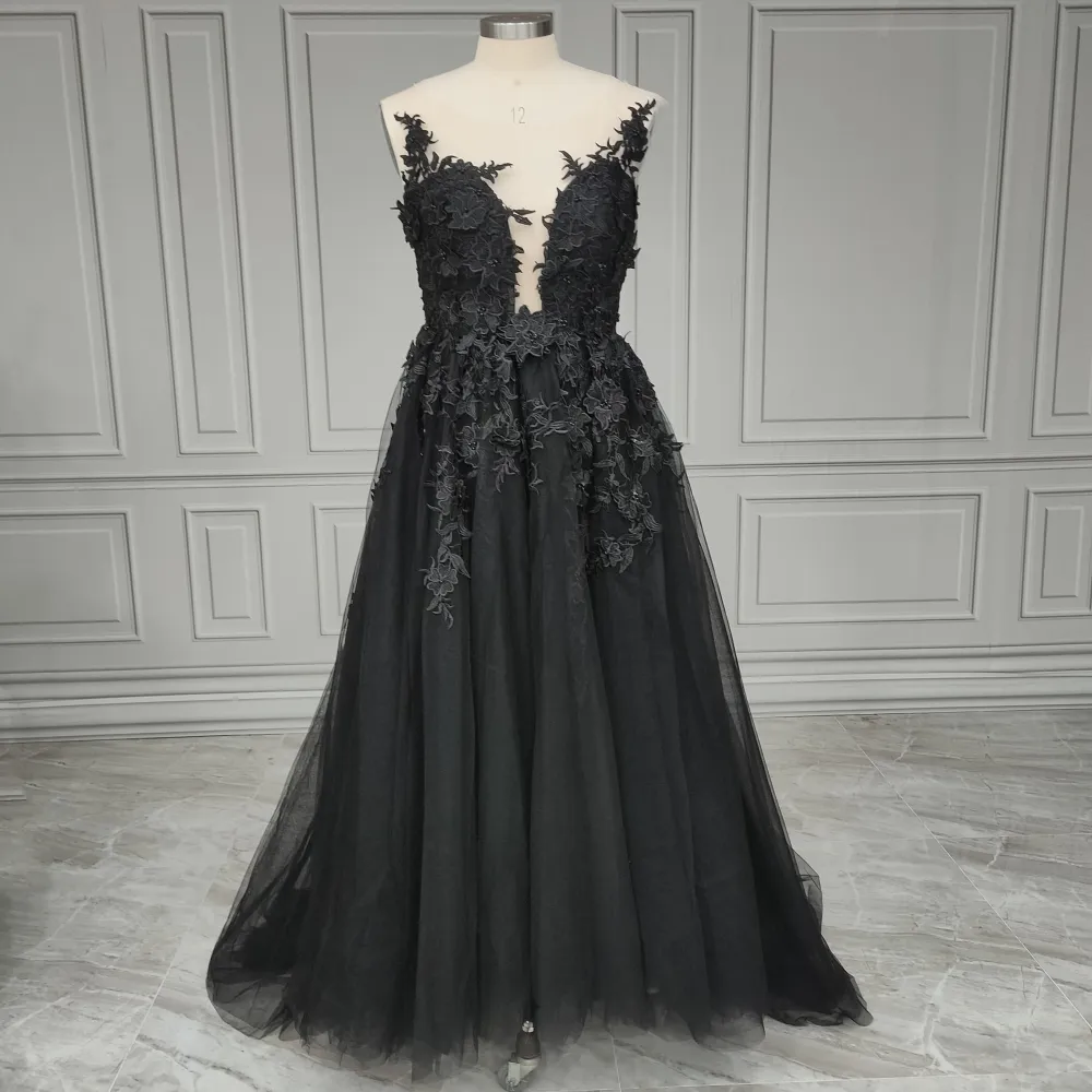 100% foto asli gaun pernikahan hitam Gotik gaun pengantin seksi belahan samping gaun pengantin Tulle Backless gaun pernikahan ukuran Plus