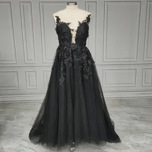Mermaid Lace Black Wedding Dresses V Neck Sleeveless Tulle Gothic