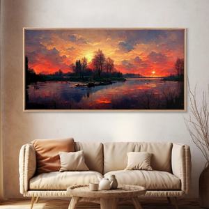 Peinture à l'huile Coucher de soleil sur lac sur toile, prête à accrocher, encadrée style galerie, thème nature et vie lacustre, pour la maison et les collections - Product Image 4