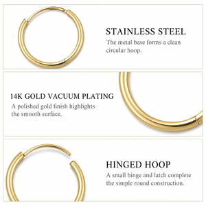 Classic Round Hoop <b>Earrings</b> Stainless Steel 14K Gold Vacuum Plated 24 mm Thin <b>Hinged</b> Circle Jewelry - Product Image 3