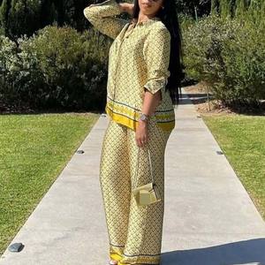 Women's Plus Size Loose Color Clashing Printed Shirt Casual Wide Leg <b>Pants</b> African 2 Pieces Set Fashion - Product Image 3
