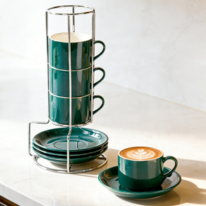 Set di Tazze e Piattini da Caffè in Ceramica Impilabili |   Set di 4 Tazze da 3oz/5oz/8oz/10oz con Supporto in Metallo |   Espresso/<span class=keywords><strong>Latte</strong></span>/Cappuccino/Tè/Regalo - Product Image 1