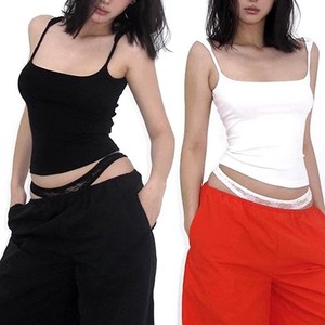 TS-028 Backless Camisole Top With <b>Bra</b> Pads Slim Fit Solid Color Cotton Summer Autumn Wear White Black Light <b>Blue</b> - Product Image 5