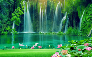 <span class=keywords><strong>Papier</strong></span> <span class=keywords><strong>peint</strong></span> mural 3D Paysage de cascade de lotus vert naturel, décorations murales pour la maison, revêtement mural, autocollants pour le salon - Product Image 6