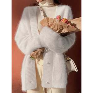 Fuzzy V Neck Button Long Sleeve Casual Winter Women's <b>Cardigan</b> Sweater Coat <b>White</b> - Product Image 6
