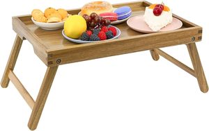 Plateau de service en bois d'acacia avec pieds pliants pour table de petit-déjeuner et canapé-lit, table de travail utilisée - Product Image 2