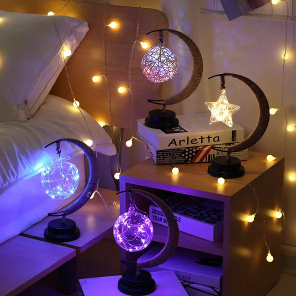 Tafellamp Nachtlampjes Handgemaakt Smeedijzeren Mode Kerstversiering Led Decoratief Licht Ster Maanlamp Voor Thuisfeest