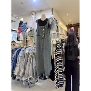 2025 printemps automne rétro lavé Denim mince salopette nouvelle mode femmes combinaison Style occidental ample longue robe à bretelles Hiromi - Product Image 4