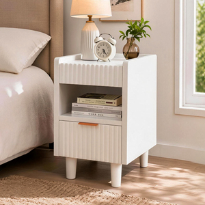 Comodini Bianchi Scanalati con Cassetto e Vano Aperto, Set da 2, Tavolini Moderni da Comodino per Camera da Letto e Soggiorno - Product Image 4