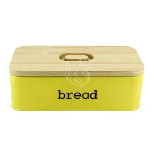 गर्म बिक्री पीले विंटेज सेट घर रसोई उपहार लकड़ी बांस ढक्कन धातु रसोई भंडारण टिन कैनिस्टर ब्रेड बॉक्स कंटेनर बिन