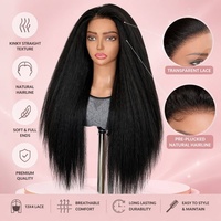 Wig Rambut Lurus Alami Hitam 13x4 Lace Front Wig Yaki Lurus Sintetis untuk Wanita Kulit Hitam Transparan Lace Natural Hairline