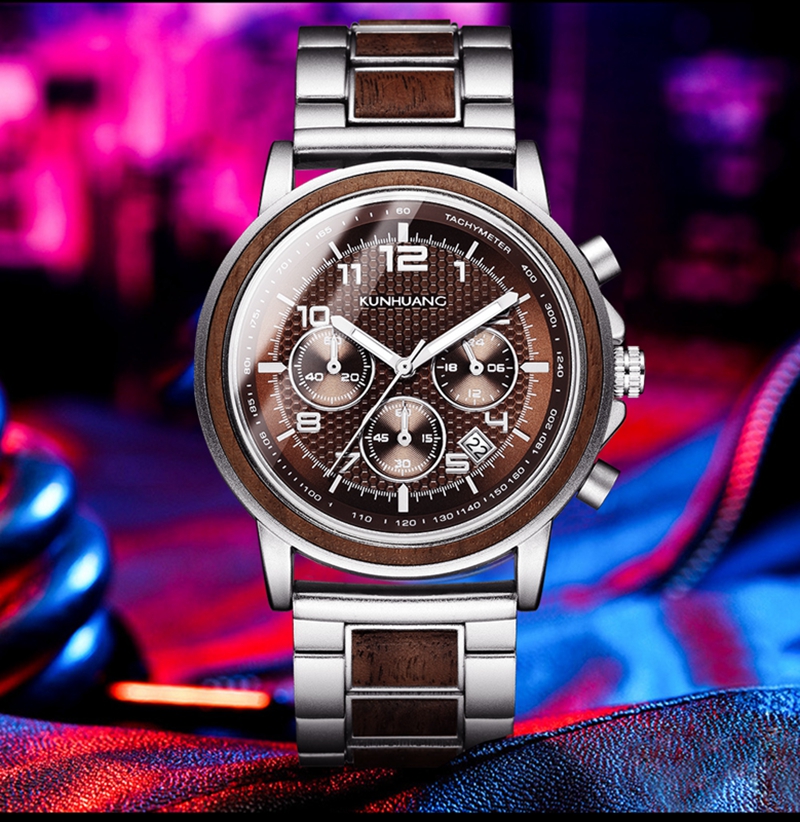 Kunhuang New Men's Calendar Watch Alloy Wood Waterproof Fashion Watch Independent Hot Sale Gift Chronograph Stop Watches