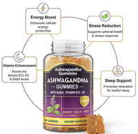 Gummies à base d'ashwagandha, vitamines B12 et D3, soutien émotionnel, amélioration de la mémoire, gestion du sommeil et de l'énergie, complément naturel végétalien pour adultes