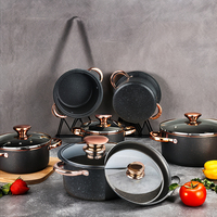 Batterie de cuisine ensemble de casseroles et de poêles ensemble de marmites antiadhésives pierre médicale en fonte avec couvercle en verre Offre Spéciale 8 pièces en métal noir