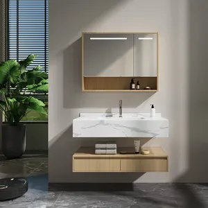 YIDA Vaidade de banheiro com tampa de pedra sinterizada de mármore de 36 polegadas com combinação de armário de madeira compensada