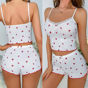 Stile classico di vendita caldo da donna a righe stampate alla fragola senza maniche e Shorts 2 pezzi Set per la casa pigiama da donna - Product Image 4