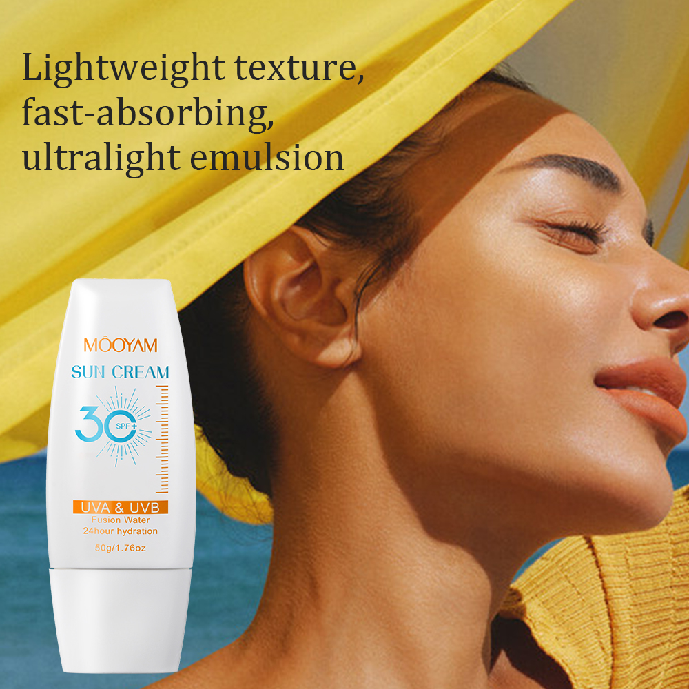 OEM/ODM al por mayor crema solar SPF30 + bloqueador solar crema facial blanqueamiento de la piel protección solar UV loción cuerpo cara 50g MOOYAM protector solar