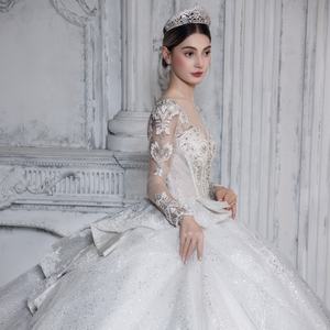 Abito <span class=keywords><strong>da</strong></span> Sposa Elegante di Alta Qualità, Moderno, a Maniche Lunghe, con Perline, Linea ad A, Scollo a V, Strascico, Lavorazione Artigianale Elaborata, Taglia <span class=keywords><strong>XL</strong></span> - Product Image 5