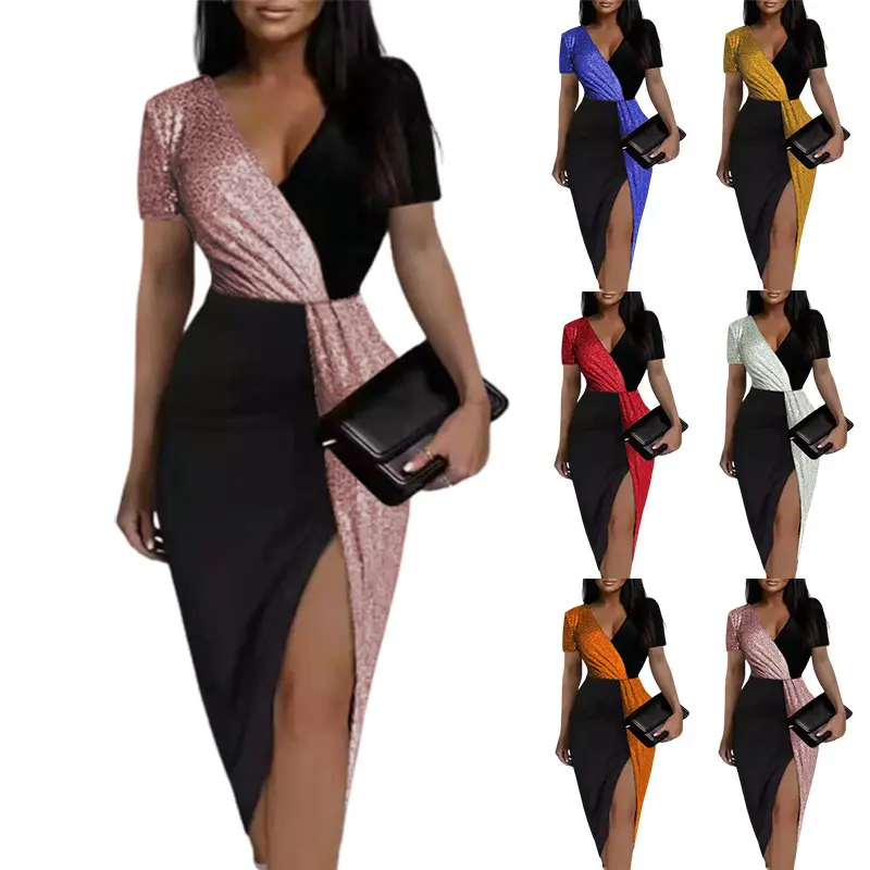 Evening Dresses V Neck Chiffon Fashion Sexy High Slit Contrast Color Formal Sequin Wrap Midi Dress