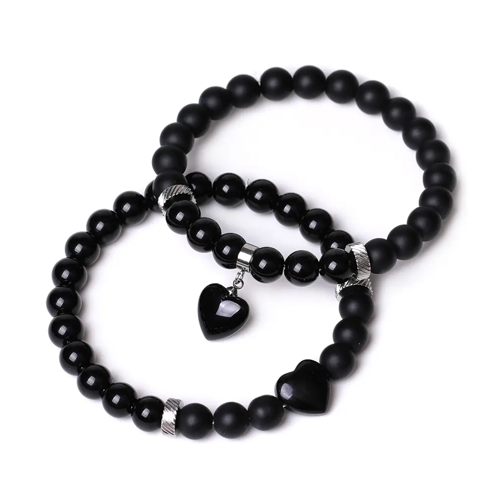 Black Onyx Wholesale 2Pcs Natural 8MM Gemstone Mood Energy Set Bracelets for Women Girls Men Valentine's Day Gift Jewelry