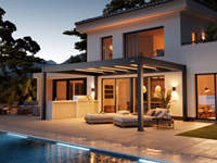 Pergola motorisée en aluminium à lames orientables 4x4m, blanche, avec toit LED intégré, autoportante, pour la maison, la terrasse, l'espace de vie extérieur