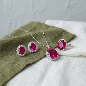 Juego de aretes y collar con circonita cúbica de corte ovalado, imitación de oro blanco, cobre chapado en oro rosa, corindón rojo, juego de joyería de 3 piezas. - Product Image 3