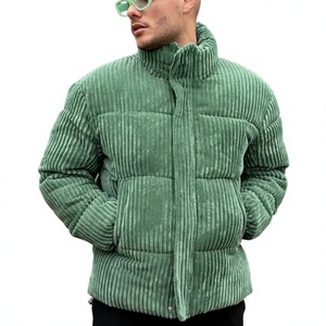 Chaqueta acolchada de pana verde para hombre, gruesa, informal, de invierno, con cuello alto, cierre de cremallera, ajuste holgado, relleno de poliéster - Product Image 3