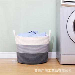 <b>Large</b> Cotton Rope Woven <b>Storage</b> <b>Basket</b> Round With Handles For Clothes And Toys White And Gray Color Scheme Handmade - Product Image 2