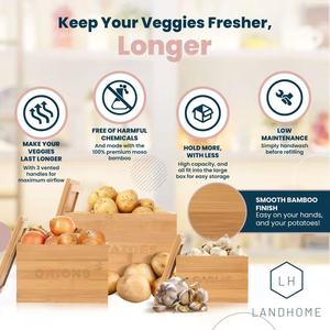 Caja de almacenamiento de bambú con tapa, organizador rectangular de madera maciza para cocina, organizador de frutas y verduras, apilable, portátil, para patatas, cebollas y ajo - Product Image 2