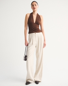Leduo Customized Beige <b>Linen</b> Blend Wide Leg Pants Women High Waist Pleated Loose Casual Trousers - Product Image 1