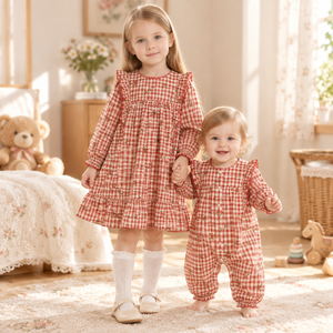Conjunto a juego para hermanos: Pelele de bebé de manga larga con volantes florales de guinga <span class=keywords><strong>roja</strong></span> y vestido para niña, ropa a juego para hermanas - Product Image 1