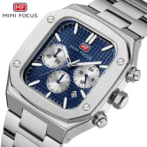 MINI FOCUS MF0414G 2022 Fashion Luxury Quartz Watch for Men Luminous Sub-Dials Mens Watches Rose Gold Blue Stainless Steel Band