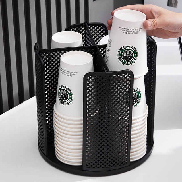 Home Office Coffee Shop Buffet Plastic Storage Organizer 360 Rotatable Paper Cup Holder Paper Cups Organizer with 4 Compartment