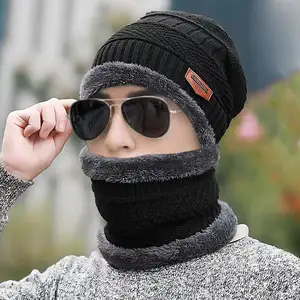 Hot Sale Men Beanies Hats Winter Warm Wool Neckerchief Outdoor Cycling Knitted Hat Scarf Set For Men