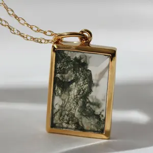 Wholesale gemstone jewelry sterling silver fashion emerald shape stone pendant natural moss agate necklace