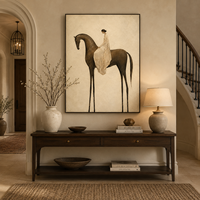 Tableau mural texturé de cavalier minimaliste de luxe, peinture sur toile, œuvre d'art vintage, tons neutres, cadre en bois suspendu, décoration faite à la main
