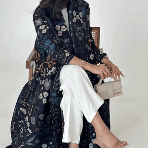 Cardigan ample à imprimé floral noir élégant personnalisé Leduo - Abaya en cachemire plissé à manches longues pour femmes - Product Image 1