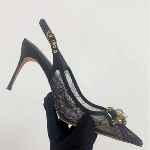 Women High Heels Stiletto Summer Pointed Toe Rhinestones Slingback Shoes Dress on Back Strap Sexy <b>Black</b> Lace <b>Pumps</b> - Product Image 5