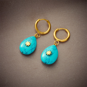 Teardrop Turquoise Dangle Earrings Gold Plated Stainless Steel Drop Earrings Gift Fashion Jewelry - Product Image 2