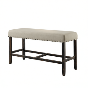 Banco rústico de altura media con tapizado de lino beige y adornos de clavos para comedor - Product Image 1