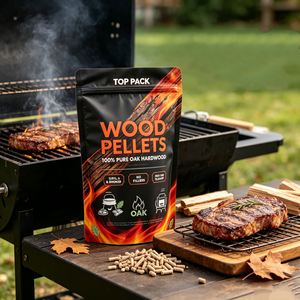 Sachet à fermeture éclair à fond plat et huit soudures latérales, personnalisé OEM, faible MOQ, pour l'emballage de granulés de bois de barbecue et de granulés de bois de fumage en chêne. - Product Image 2