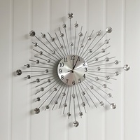 Jam Dinding Kristal Logam Modern, Jam Quartz Bulat Tanpa Suara, Jam Gantung Dekoratif Motif Starburst untuk Ruang Tamu