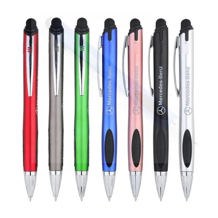 Metallic Barrel Metal Clip Black LED Light Up Ball Point Pen with Stylus on Top