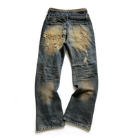 Jean droit vintage délavé personnalisé pour homme, en denim tricoté, délavé, multi-déchiré, effiloché, déstructuré, avec braguette multi-boutons et œillets